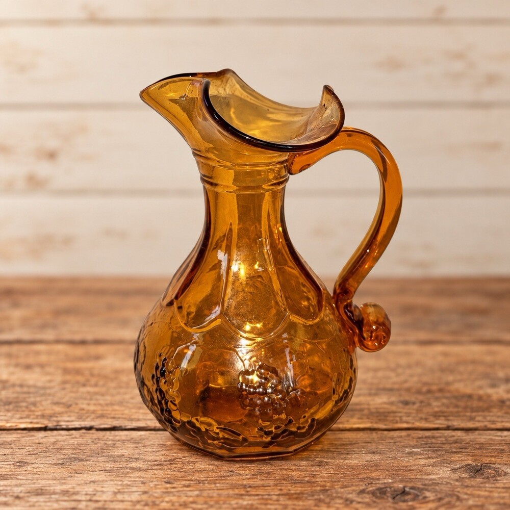 Vintage Amber Glass Mini Pitcher Grape Vine Pattern Ruffled Rim 6.5”